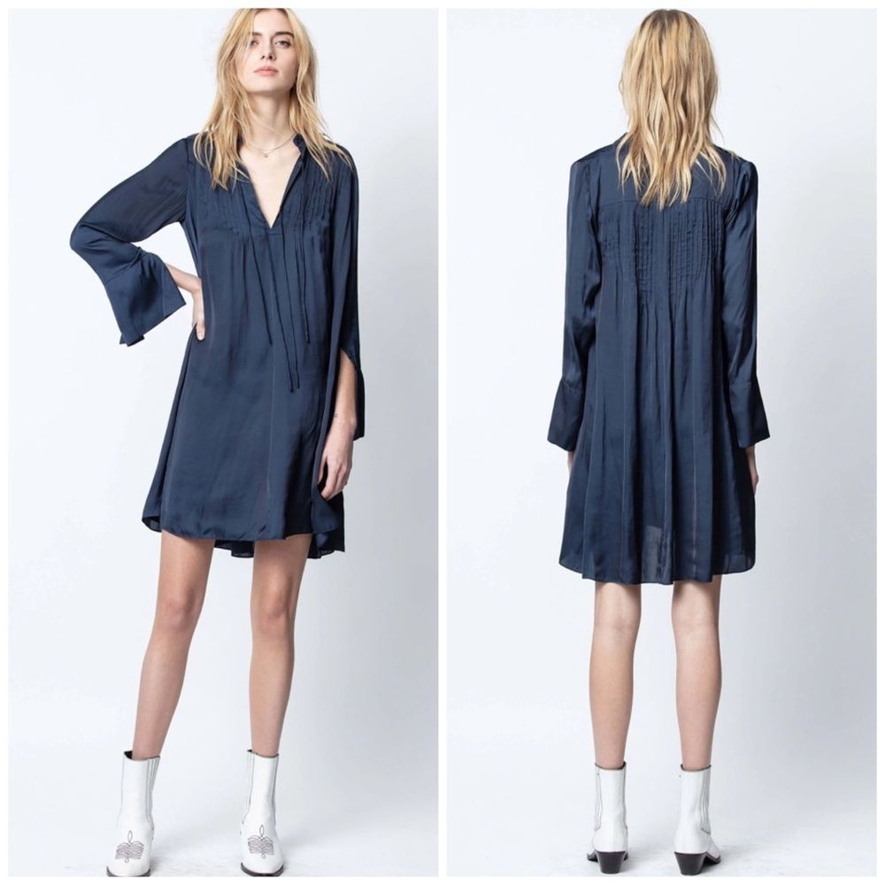 Zadig & Voltaire Raika Satin Short Dress in Blue Size Large Long Bell Sleeve